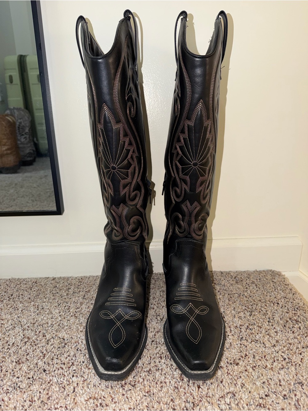 a new day Black Over-the-Knee Western Boots with Brown Embroidery